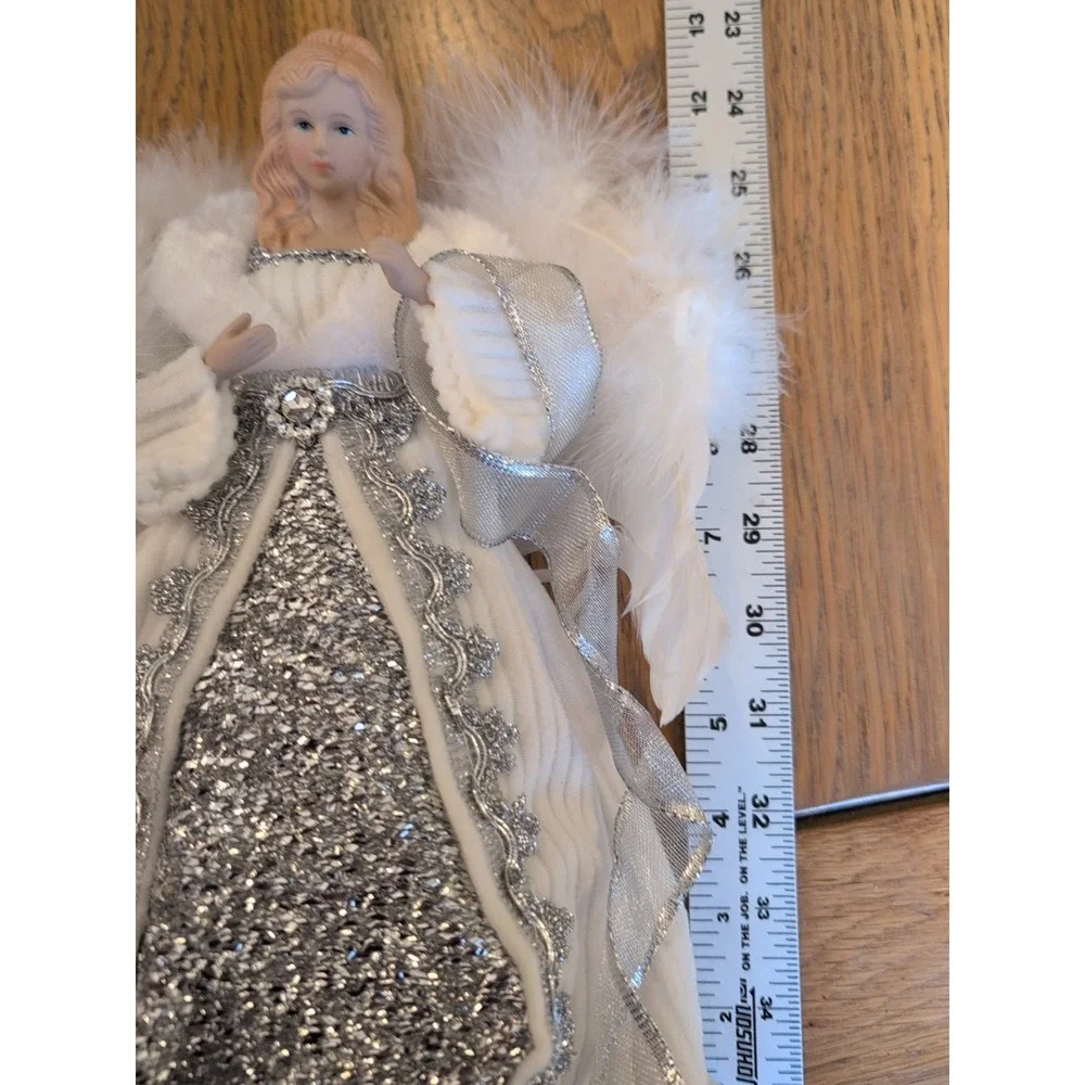 Victorian Xmas Angel Tree Topper White‎ Silver  Feather wings 12